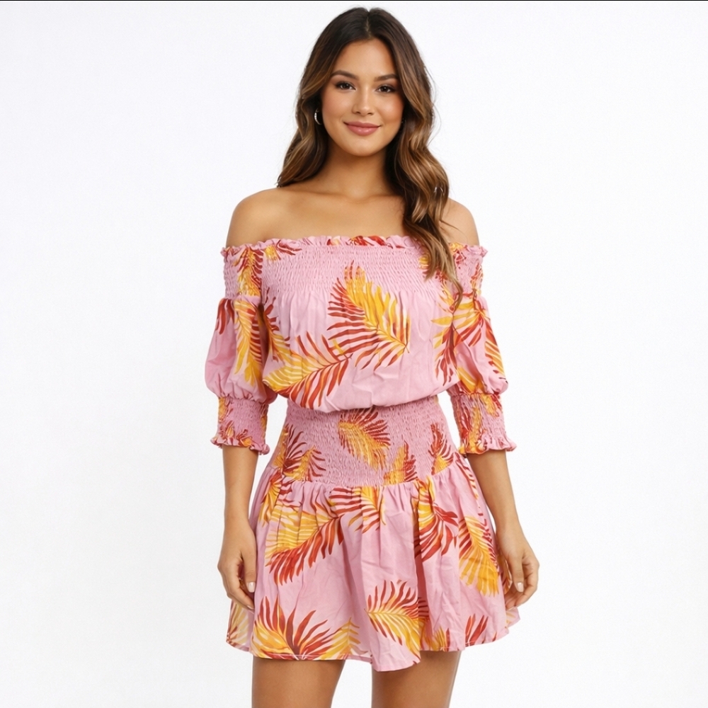 The sang mini Print ruffle off shoulder  Summer Coquette dress size  Medium